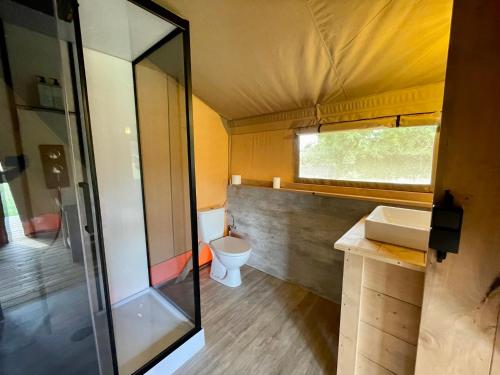 a small bathroom with a toilet and a sink at Villa Fleurie in Grandchain