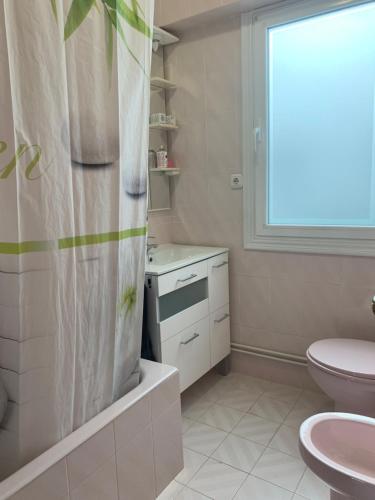 een badkamer met een toilet, een wastafel en een douche bij Piso centrico en Irun in Irún