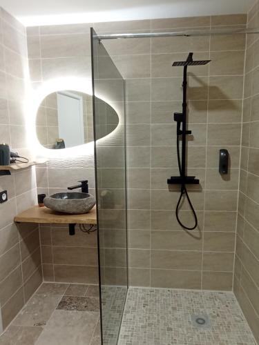 een badkamer met een glazen douche en een wastafel bij Chambres et Tables d'hotes " O Doux Matins " aux portes de Chinon in Rivière