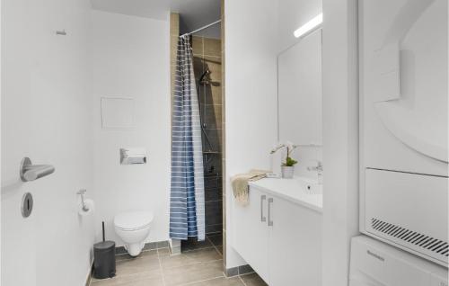 een witte badkamer met een toilet en een wastafel bij Havnehusene, Lejl, 54 in Slagelse