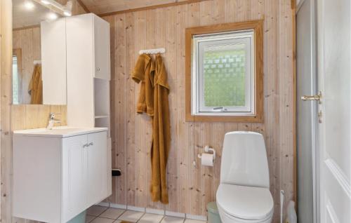 een badkamer met een toilet, een wastafel en een raam bij Beautiful Home In Vggerlse With Kitchen in Bøtø By