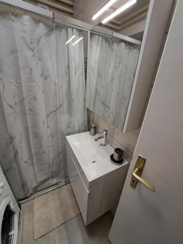 uma casa de banho branca com um lavatório e um chuveiro em Ema lux 2 em Novi Sad