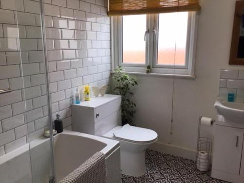 a bathroom with a toilet and a tub and a sink at Stunning penthouse apartment in Teignmouth in Teignmouth
