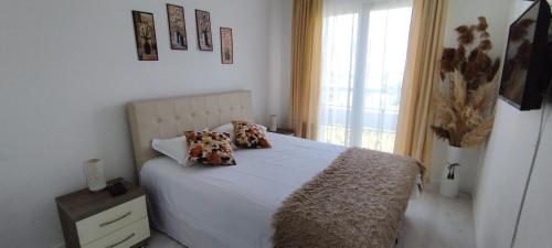 a bedroom with a bed with pillows and a window at Royal Apartment Bar in Bar
