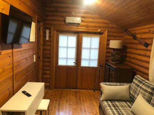 Cabaña de madera con sala de estar con sofá y TV. en Cabaña de ensueño en el bosque y junto al mar, en Miengo