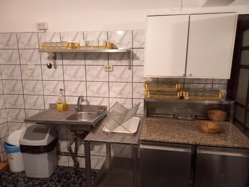 uma cozinha com um lavatório e uma bancada em Casa Ardeleană Cheia em Cheia