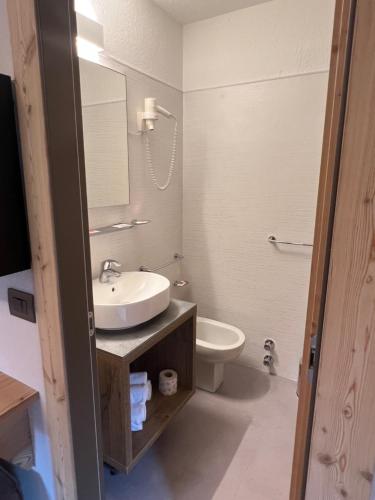 a bathroom with a sink and a toilet and a mirror at Hotel Des Glaciers in Courmayeur