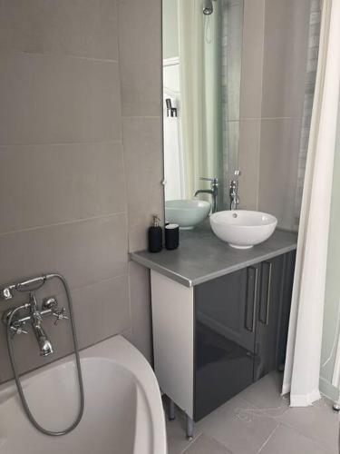 une salle de bain avec deux lavabos et une baignoire et des toilettes dans l'établissement Studio centre historique de Rouen, à Rouen