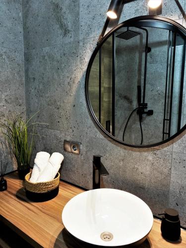 ミエレツにあるApartament ul. Botanicznaの白い洗面台と鏡のあるバスルーム