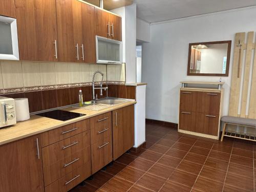 eine leere Küche mit Holzschränken und einem Waschbecken in der Unterkunft Cozy Place to Stay -Self check in 24h in Reşiţa