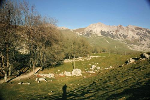 a person standing on a grassy field with a mountain at Iraipe Santuario de Arantzazu Hotel in Oñate
