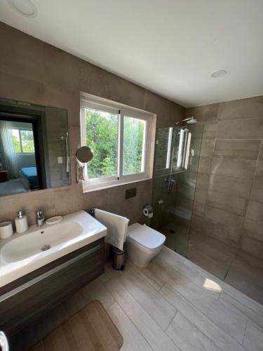 een badkamer met een wastafel, een toilet en een douche bij Casa Mulata Paseo del Mar Pool & Playa in Punta Cana