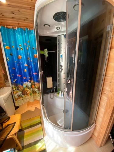 a bathroom with a shower in a room at Juniper holiday house in Kassari with sauna in Hiiumaa