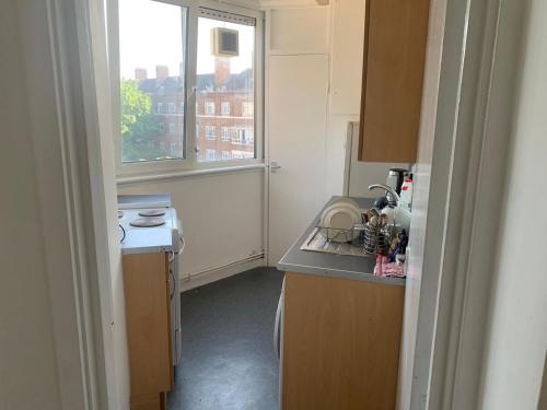 a small kitchen with a sink and a window at 1 Bed Apartment, Close to station in London