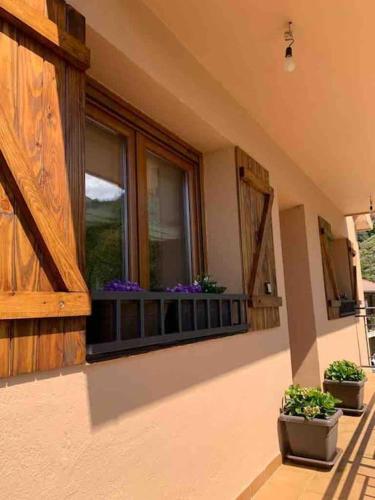 a balcony with two potted plants and a window at El Hoyaco in Los Espejos de la Reina