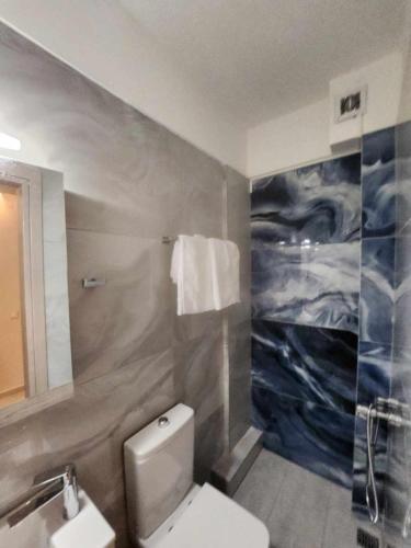 a bathroom with a toilet and a painting on the wall at Giotis Apartments in Plataria