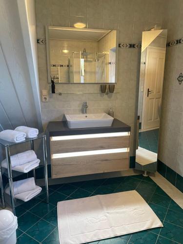 ein Bad mit einem Waschbecken und einem Spiegel in der Unterkunft Ferienwohnung Renate Hubner in Gosau