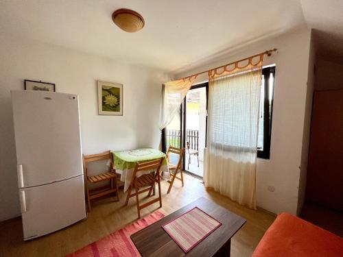 a kitchen with a refrigerator and a table in a room at Apartments and rooms Villa Mačva - Banja Koviljača in Banja Koviljača