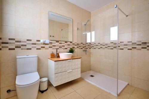 y baño con aseo, lavabo y ducha. en Apartments Vegueta Suite en Las Palmas de Gran Canaria