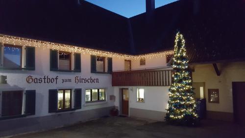 a christmas tree in front of a building with lights at Gasthof zum Hirschen in Görwihl