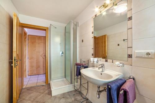 ein Bad mit einem Waschbecken und einer Dusche in der Unterkunft Mühlanderhof Apt Endkopf in Reschen