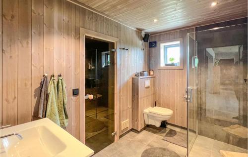 uma casa de banho com um chuveiro, um WC e um lavatório. em Gorgeous Home In Gl With Sauna em Gålå