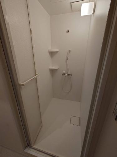 a white bathroom with a shower with a glass door at W&J Dream Stay in Osaka