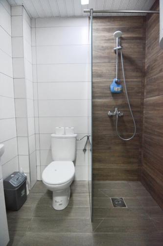 a bathroom with a toilet and a shower at Leon Luxury Apartments in Ohrid
