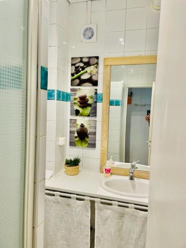 une salle de bain avec un lavabo et un miroir dans l'établissement Appt 2 pièces 7min à pied du Stade de France, à Saint-Denis