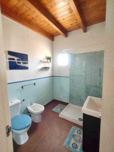 a bathroom with a toilet and a sink and a shower at Suite Estrella Azul in Gran Tarajal