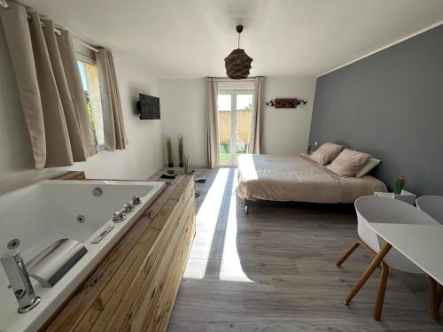 uma casa de banho com banheira e uma cama num quarto em Studio SPA Balnéo - Jardin privé em Maureilhan-et-Raméjan
