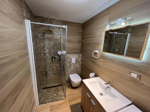 a bathroom with a shower and a sink and a toilet at Mali Stan Opatija in Opatija