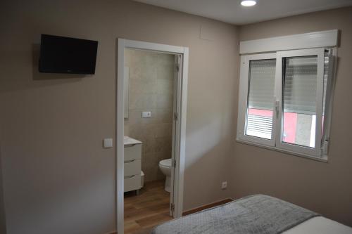 een slaapkamer met een bed, een toilet en een televisie bij Inmoinsuas Calle Greco 8 in Sarria