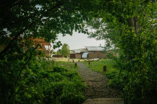 a path through the trees with a building in the background at Freedolina Glamping in Łowyń