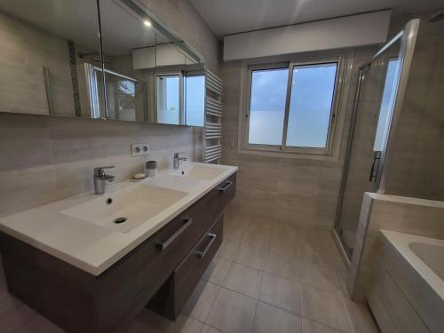 une salle de bain avec un lavabo, une douche et un miroir dans l'établissement Rez-de-Villa 