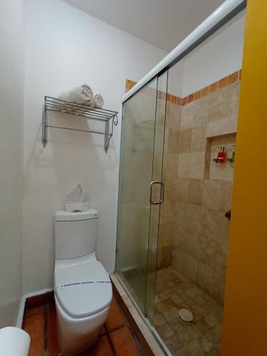 a bathroom with a toilet and a glass shower at La Casa de los Patios Hotel & Spa in Sayula