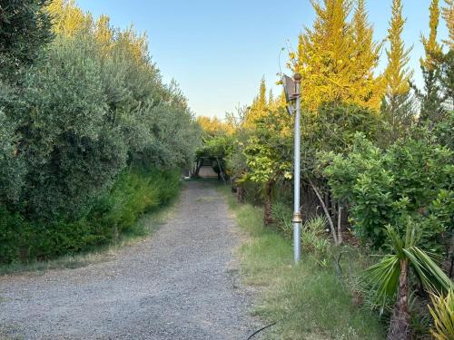 uma estrada de terra com um sinal na lateral em Paradise 