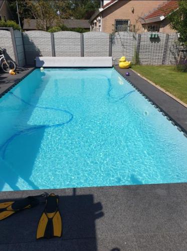 a large blue swimming pool in a yard at NamaStee aan Zee in Vlissingen