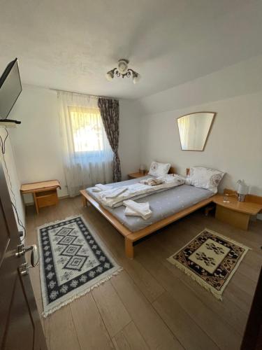 1 dormitorio con 1 cama y 2 alfombras en Casa de vacanța Tara, en Rau Sadului
