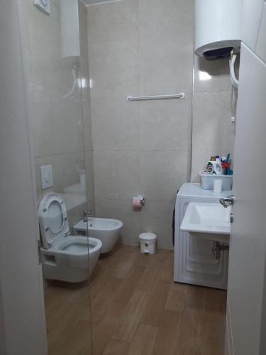 un piccolo bagno con WC e lavandino di Devi's Apartment a Vlorë