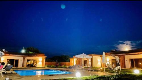 a house with a swimming pool at night at Havana Resort in Murighiol