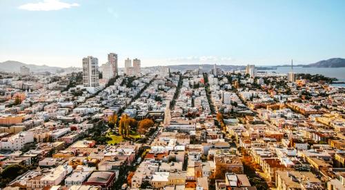 an aerial view of a large city with buildings at ITH San Francisco Pacific Tradewinds Backpacker Hostel in San Francisco