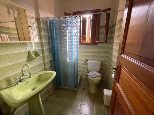 baño con lavabo verde y aseo en Villa Apostolis Studios, en Skopelos Town
