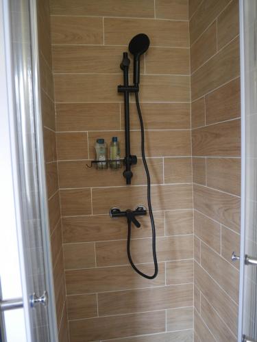 a shower with a shower head in a bathroom at Le Laurenti in Quérigut