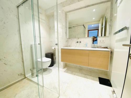 La salle de bains est pourvue d'une douche, d'un lavabo et de toilettes. dans l'établissement Luxurious 1 bedroom in the Heart of City Center - 25, à Luxembourg