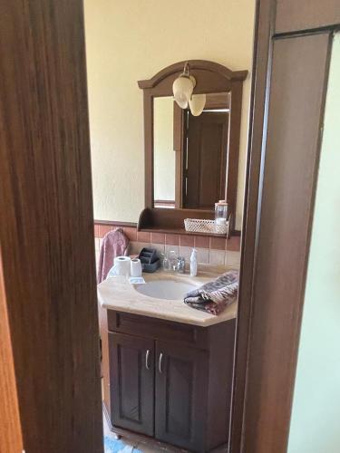 ein Bad mit einem Waschbecken und einem Spiegel in der Unterkunft GARDEN in HOME in Esenyurt