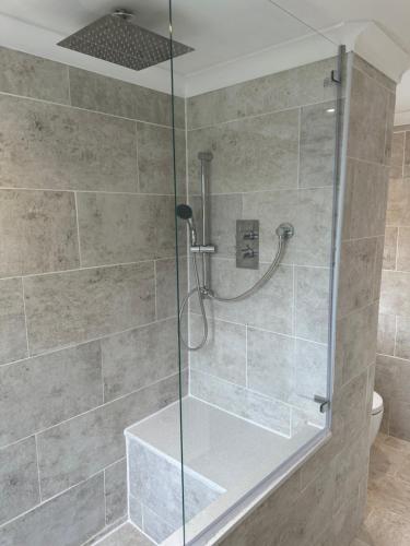 y baño con ducha y puerta de cristal. en Le Royal Residence 7 en Londres