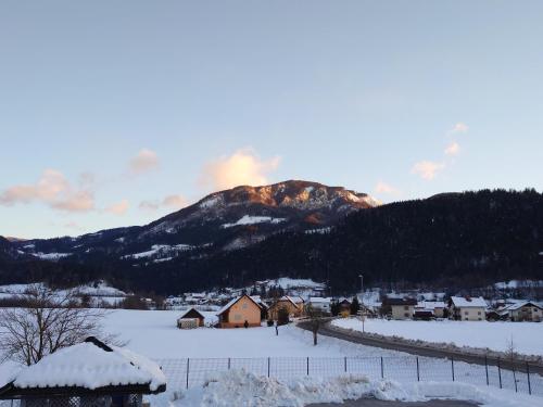 a village with a snow covered mountain in the background at Apartmaji Ribic in Ljubno