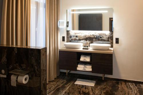 een badkamer met 2 wastafels en een spiegel bij Botanique Suites AirBnB, Antwerp in Antwerpen