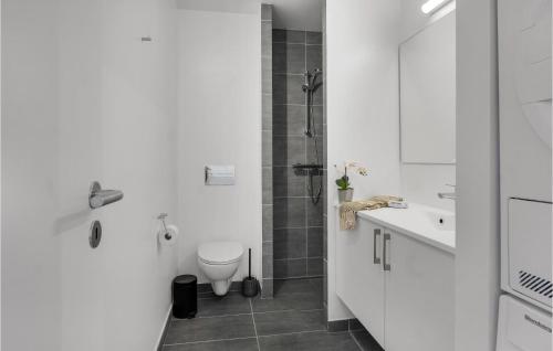 een witte badkamer met een toilet en een wastafel bij Havnehusene, Lejl, 49 in Slagelse